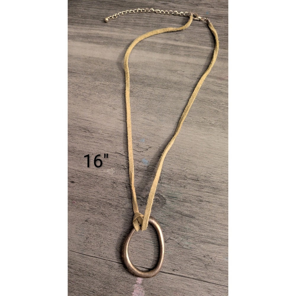 Boho Tan Faux Suede Cord Necklace Hammered Silver Tone Organic Ring Pendant 16"